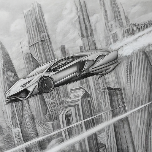 pencil sketch of a flying supercar