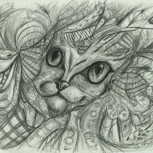 pencil sketch of random lines with a cat embedded in between