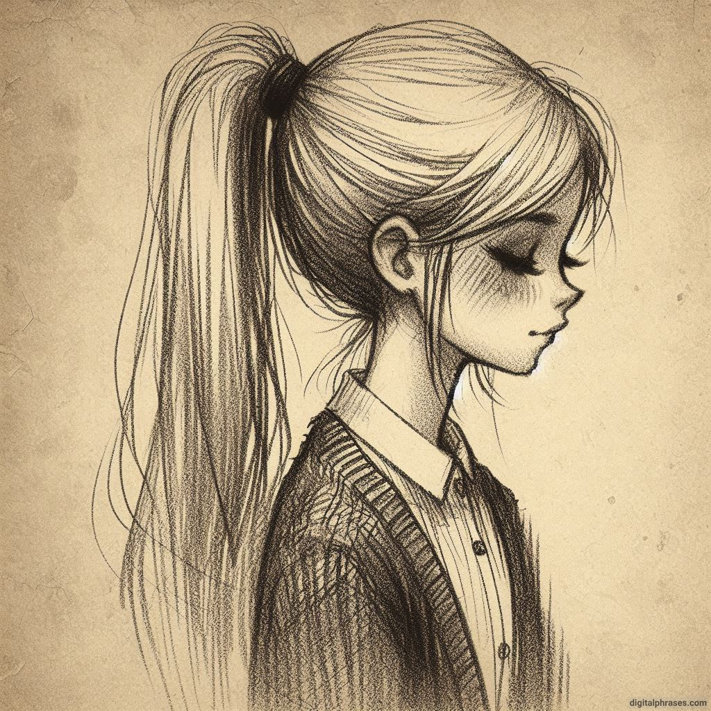 pencil sketch of a young girl with ponytail hair