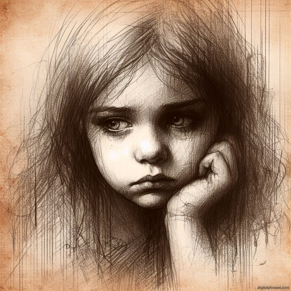 pencil sketch of a sad young girl