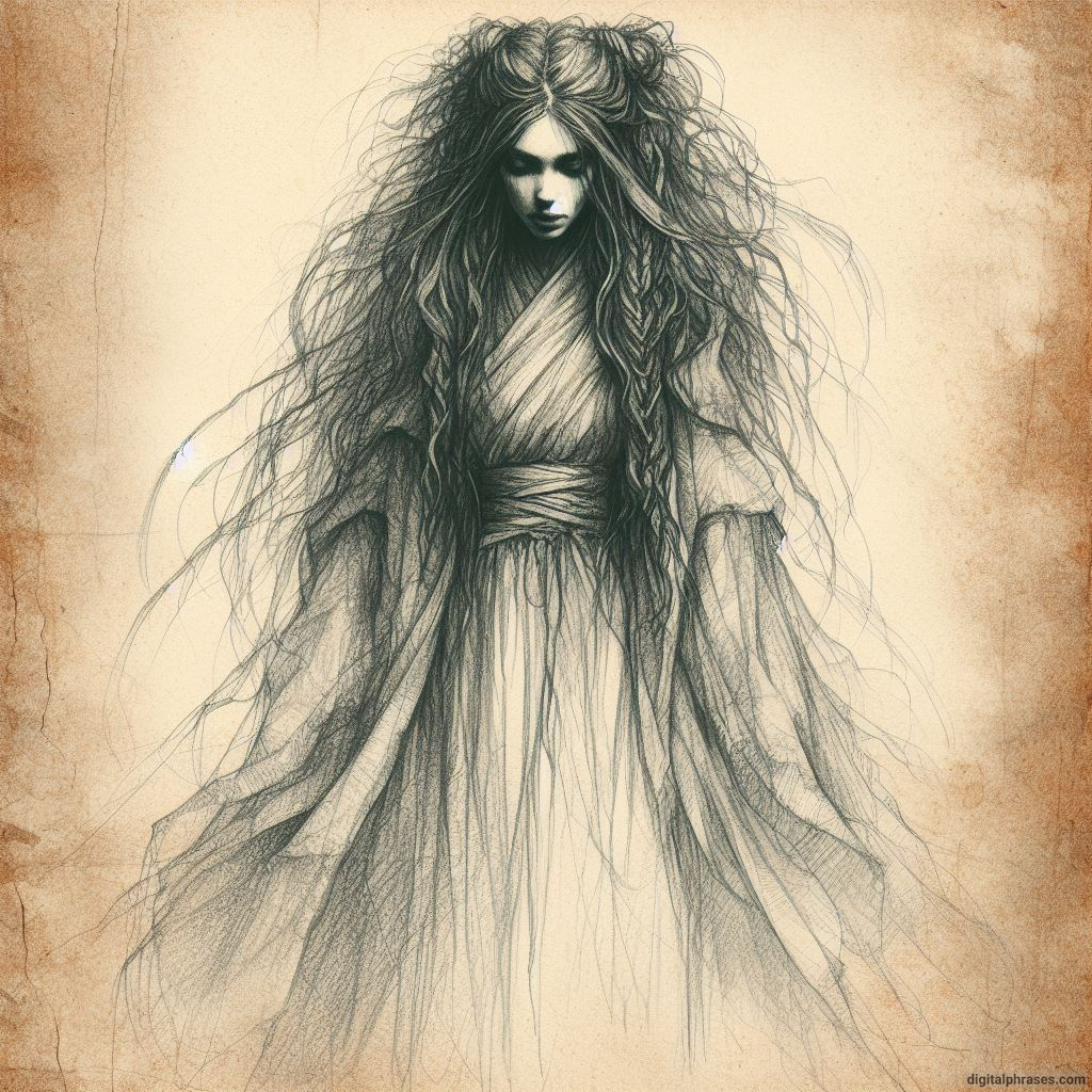pencil sketch of a woman with long hair wearing a robe