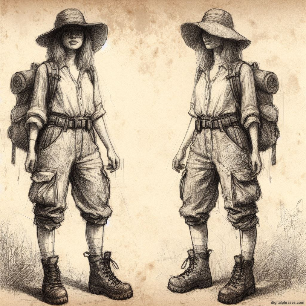 An pencil sketch of a woman with hiking boots, cargo pants with plenty of pockets, and a faded sun hat. She got freckles around her nose and mud stains on her clothes