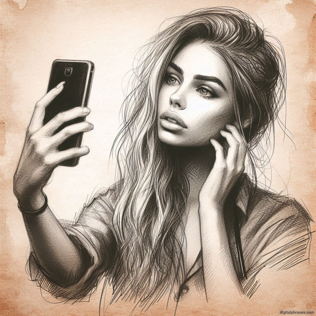 sketch of a beautiful woman trying to click a selfie