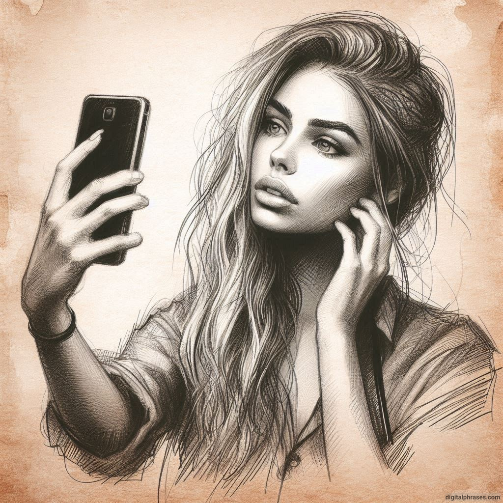 48 Female Character Sketch Ideas | Young + Middle Aged + Old sketch of a beautiful woman trying to click a selfie
