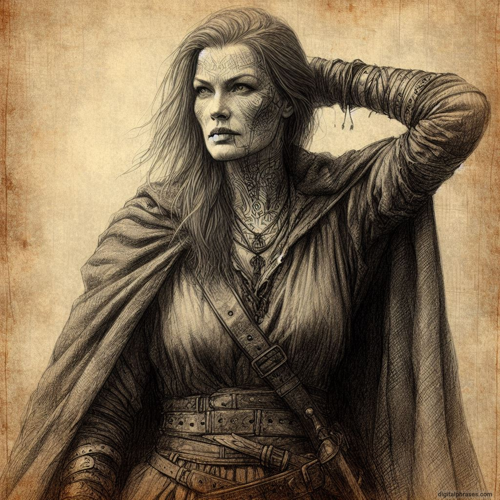 a pencil sketch of a middle aged woman who was a warrior, faded scars and tattoos on her body, wearing well-worn leather and a cloak that holds the dust of many roads.