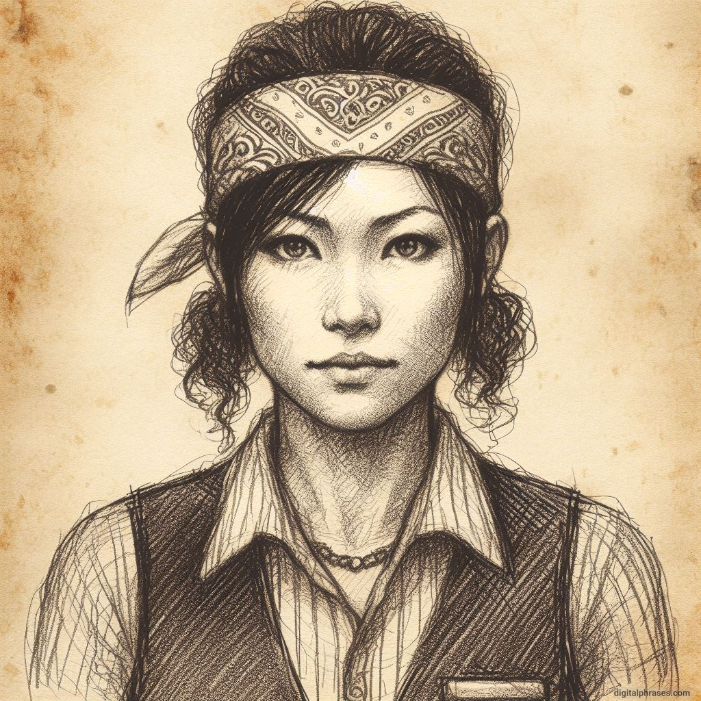 pencil sketch of a middle aged woman with a bandana around her head