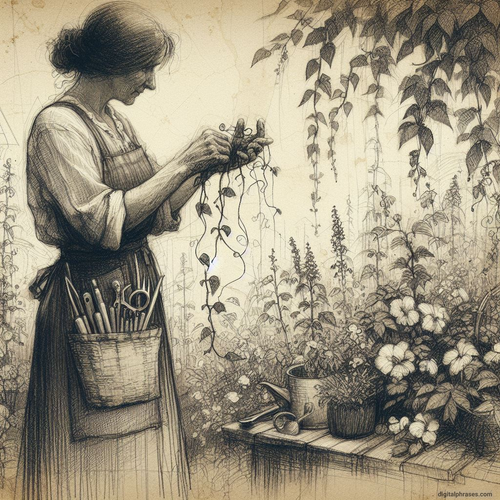 pencil sketch of a middle aged woman doing gardening