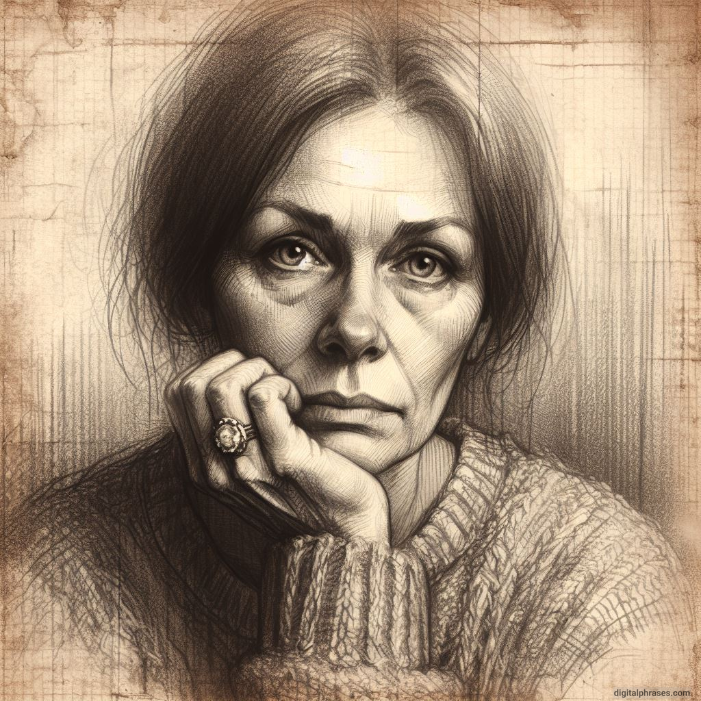 pencil sketch of a middle aged woman giving a sad expression