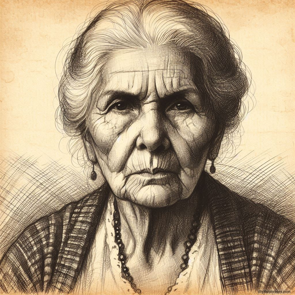 pencil sketch of an old woman with a stern gaze