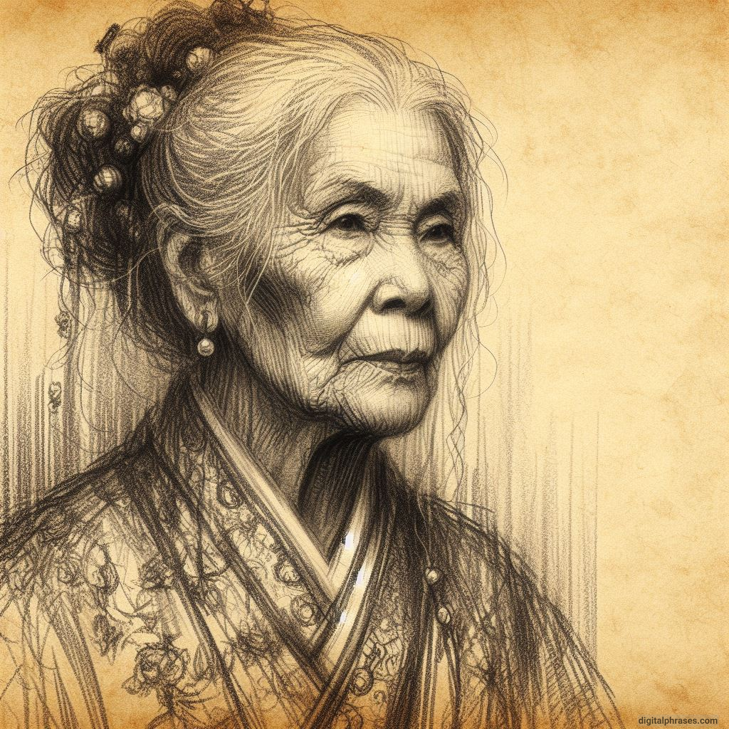 pencil sketch of an old woman wearing japanese clothing