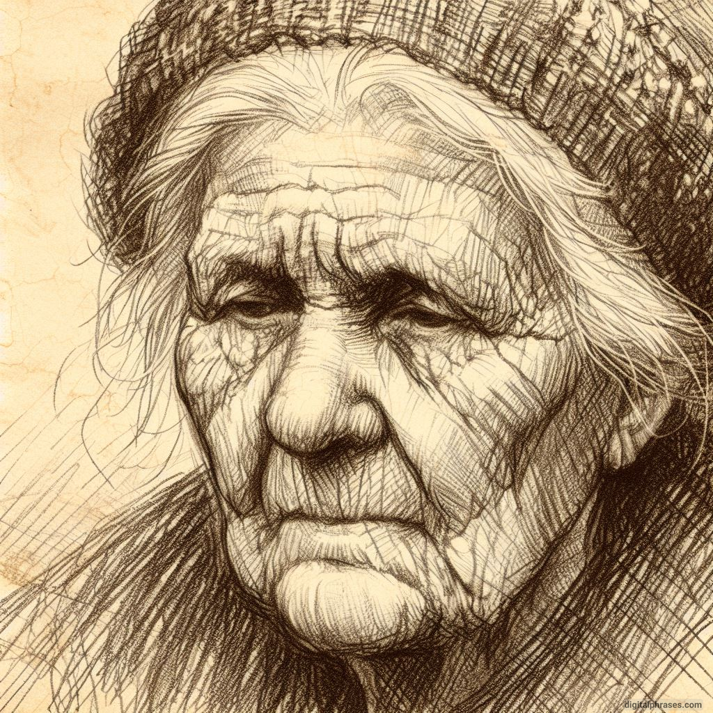 pencil sketch of an old woman with stoic reselience