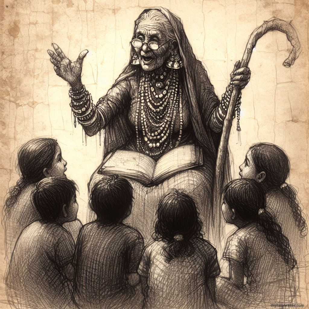 pencil sketch of a old woman telling a story to a bunch of young kids.