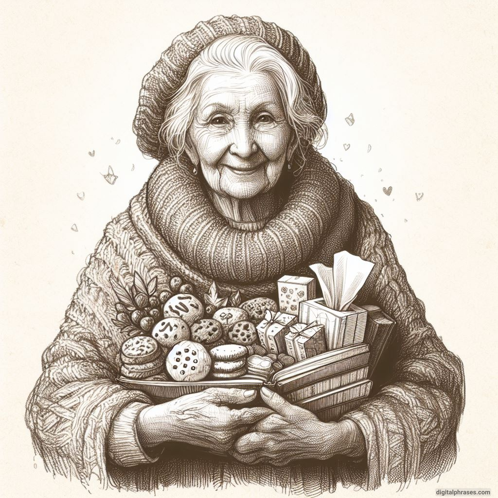 pencil sketch of an old woman wearing a woolen sweater 