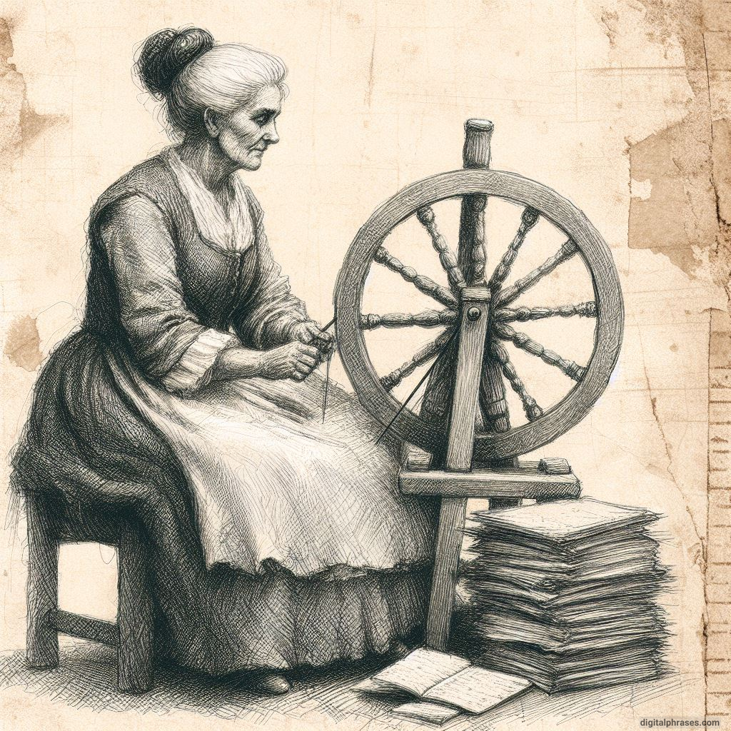 a old woman spinster with a sewing wheel