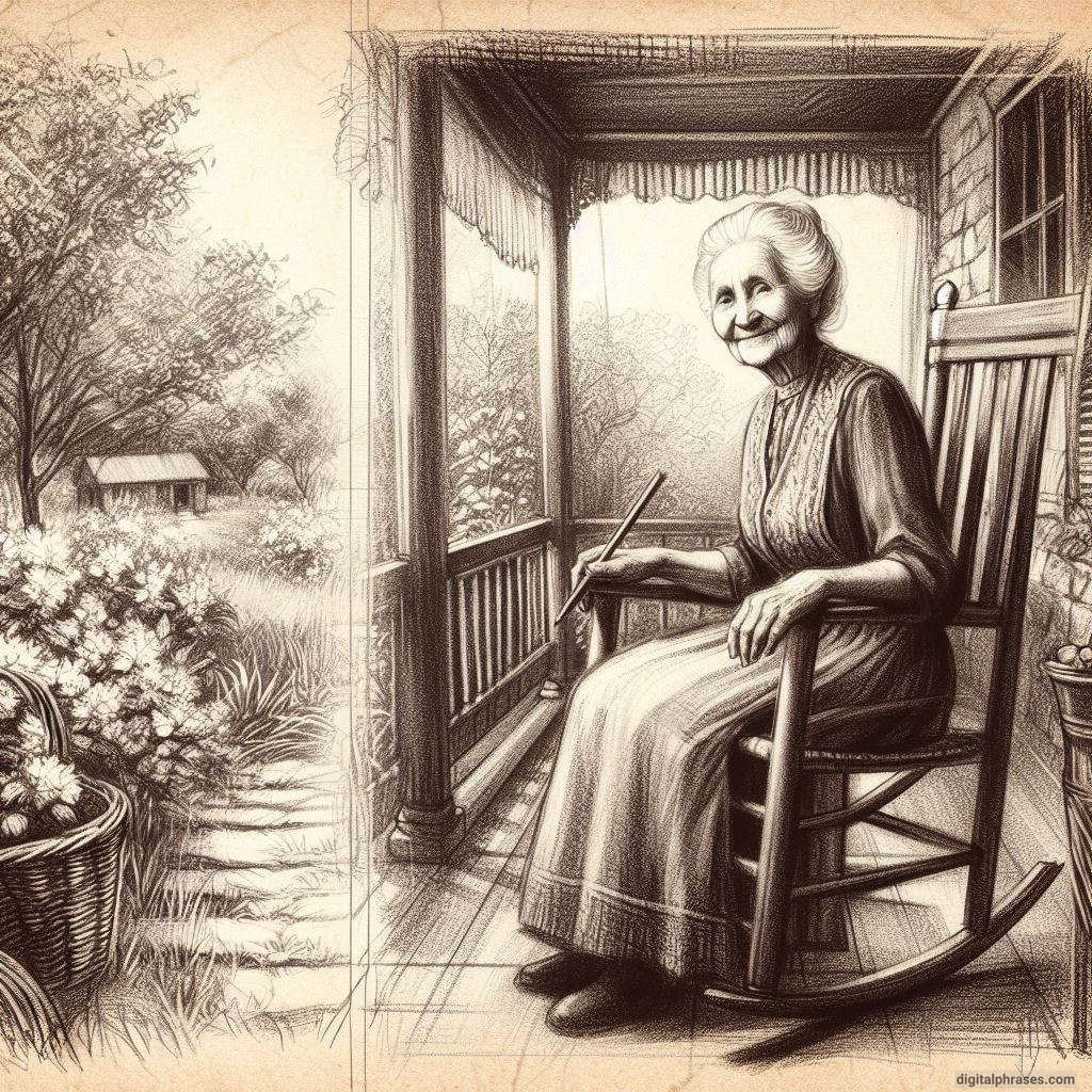 48 Female Character Sketch Ideas | Young + Middle Aged + Old a happy old woman sitting on a rocking chair