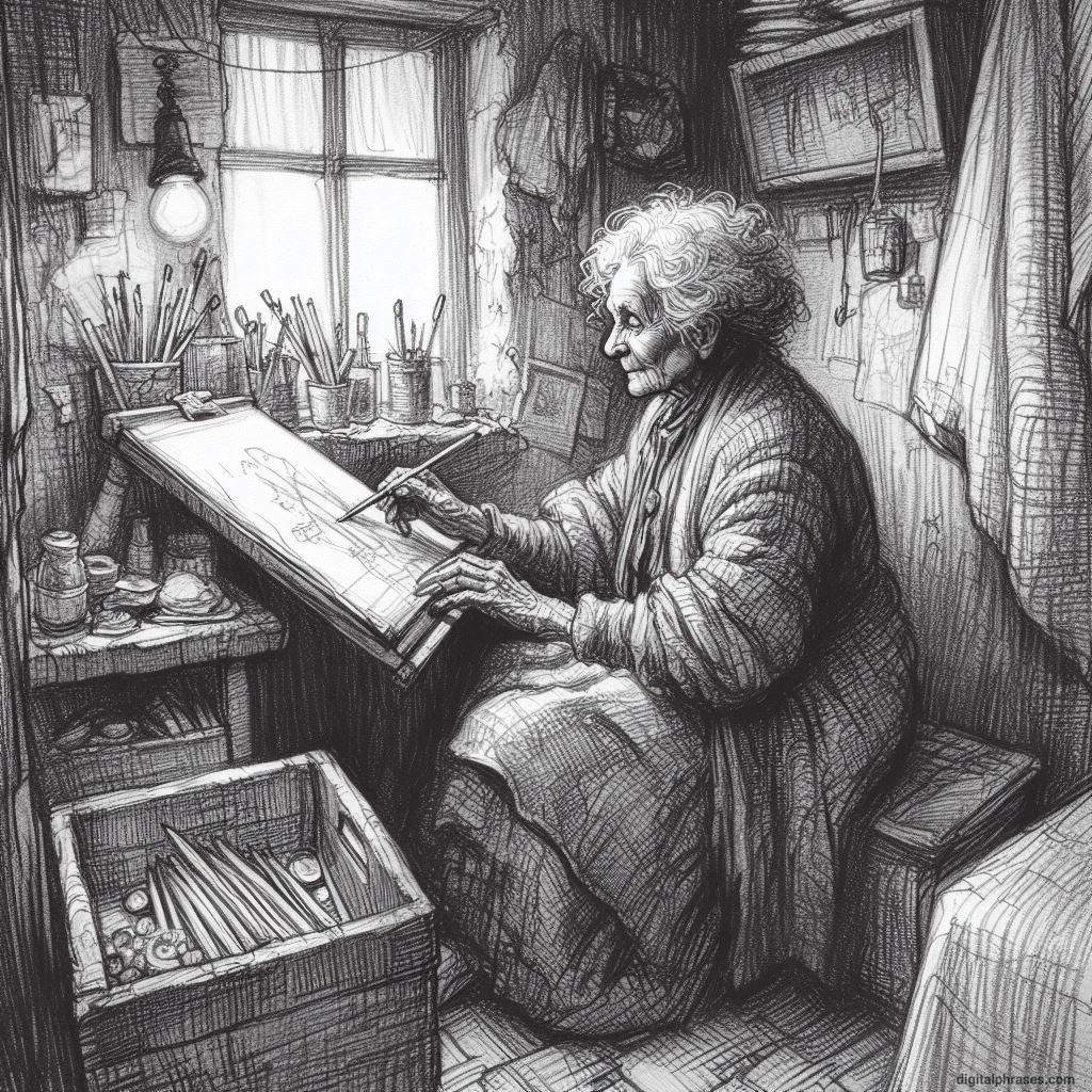 48 Female Character Sketch Ideas | Young + Middle Aged + Old a sketch of an old woman trying to paint something