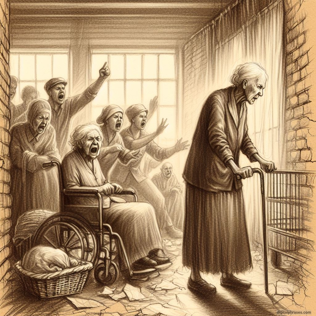 sketch of an old woman trying to stage a protest