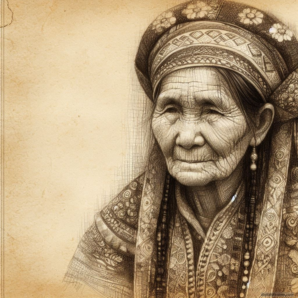 pencil sketch of a village elder in traditional clothing