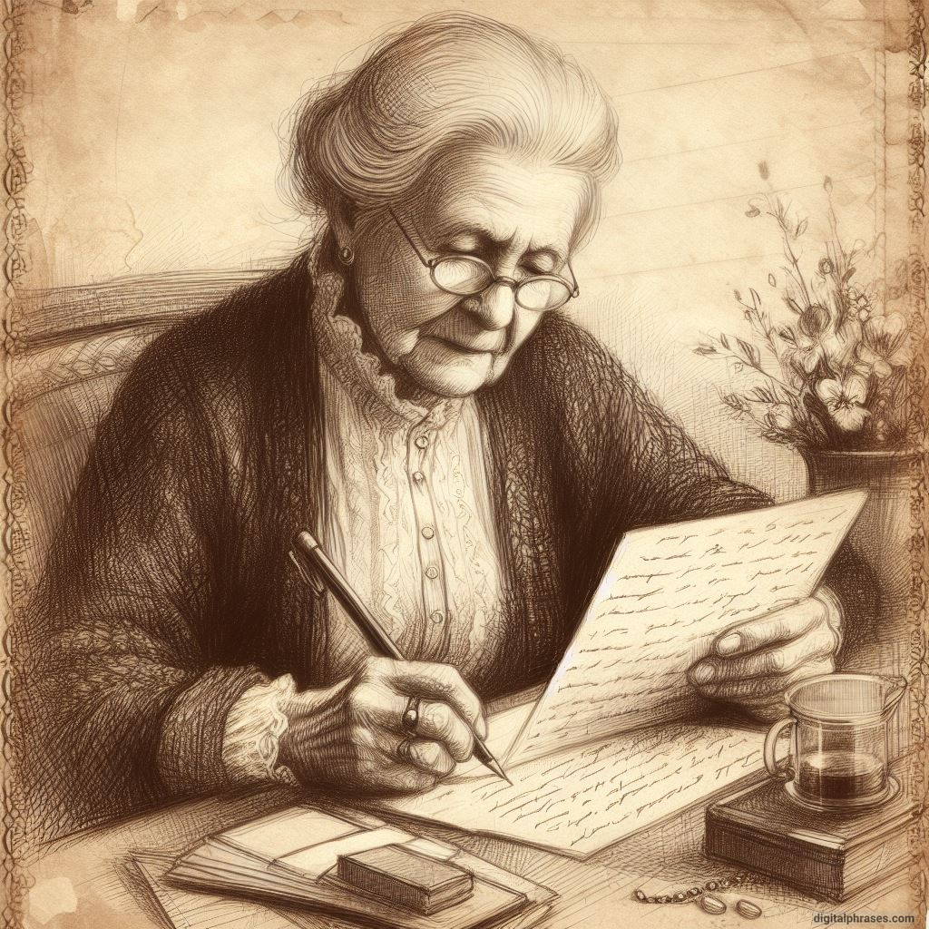 pencil sketch of an elderly woman writing a letter