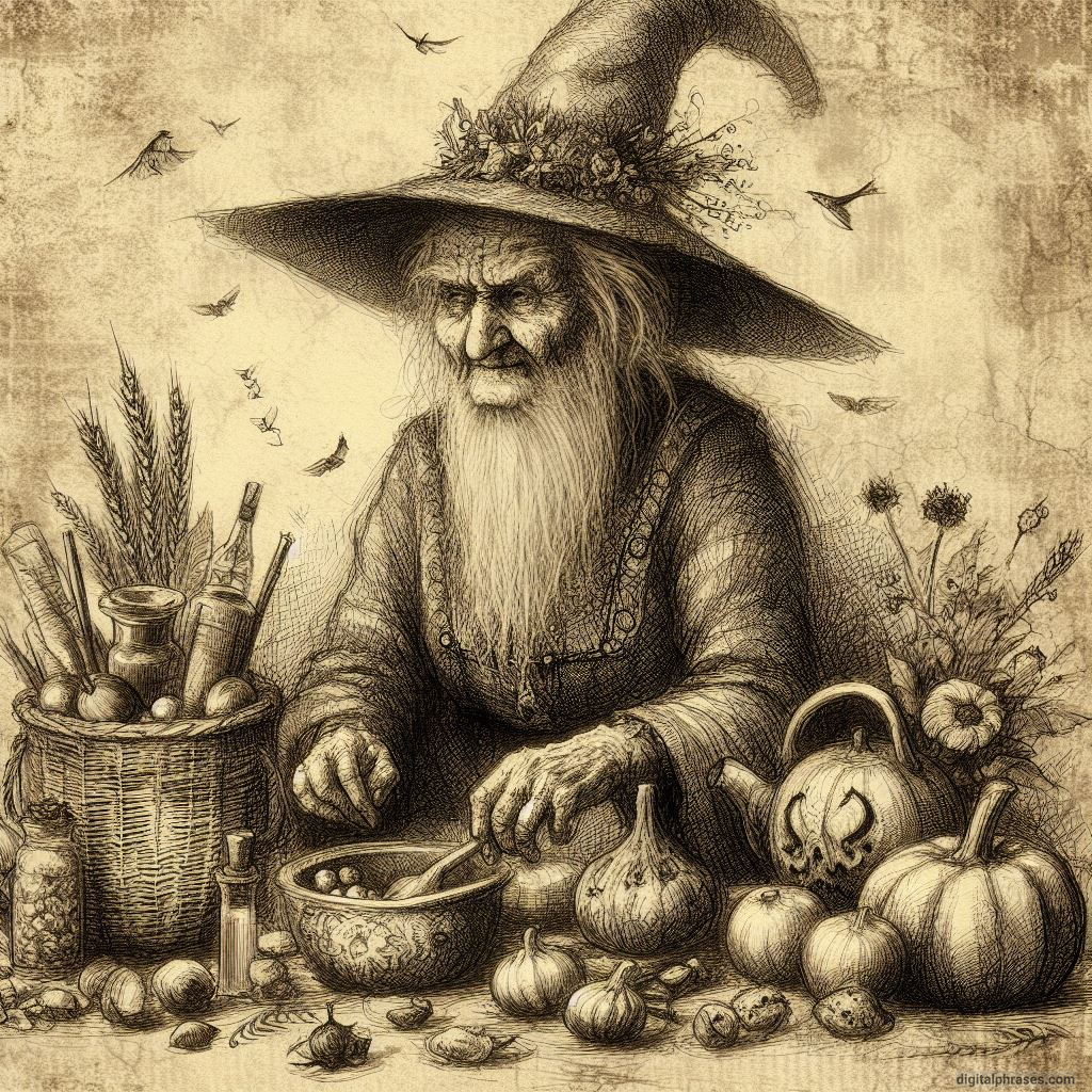 Pencil sketch of an old witch