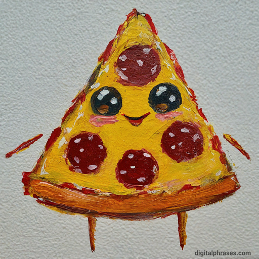 painting of a chubby slice of pizza with pepperoni cheeks