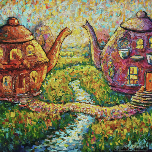 painting of 2 teapot shaped houses