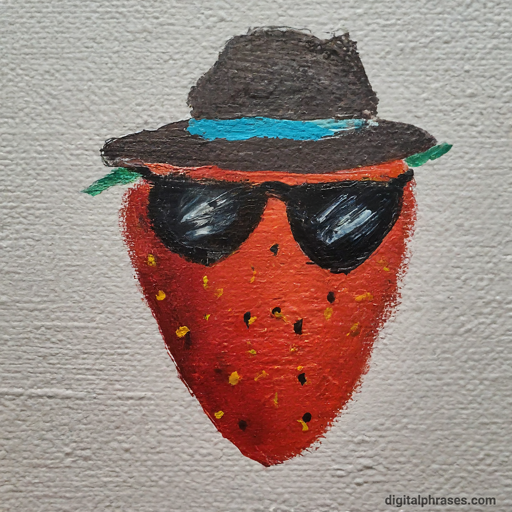 painting of a strawberry in a fancy hat and sunglasses