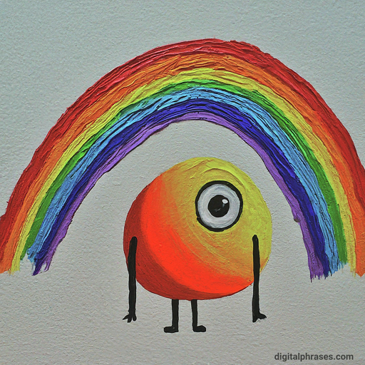 painting of an alien shaped creature with rainbow on top