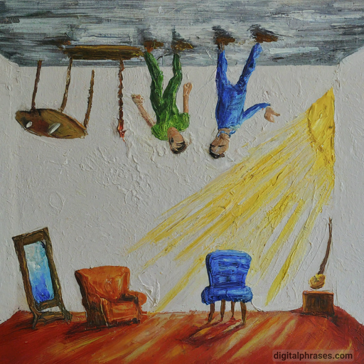 painting of a room with people walking upside down