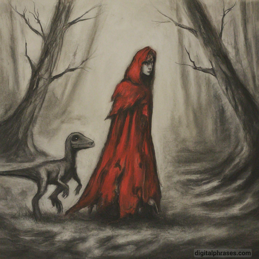 painting of red riding hood with a dinosaur