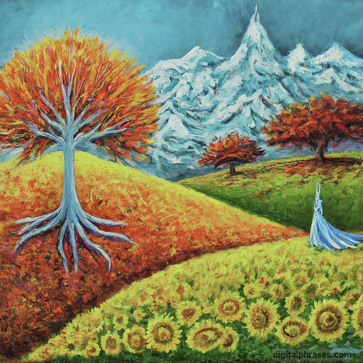 painting of a landscape, with autumn trees and white mountains