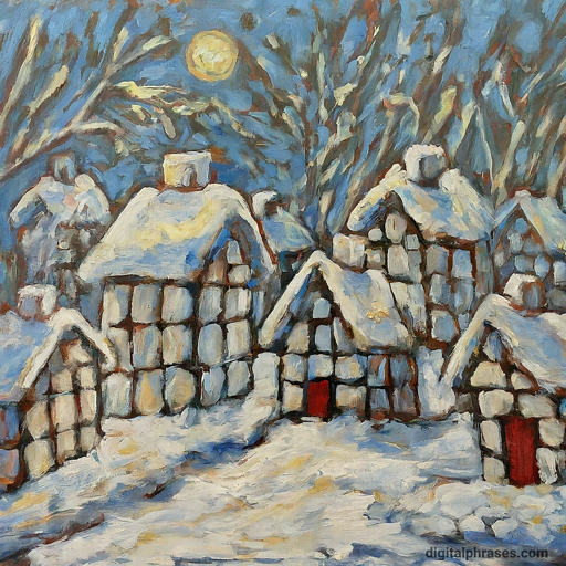 painting of a bunch of houses adorned with snow