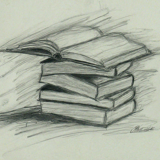 pencil sketch of a pile of books with an open book on top