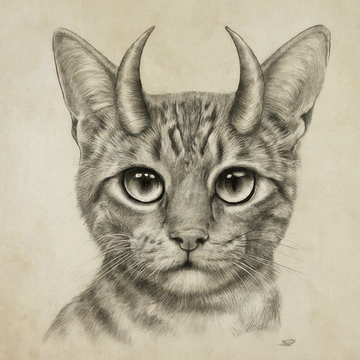 pencil sketch of a cat with horns