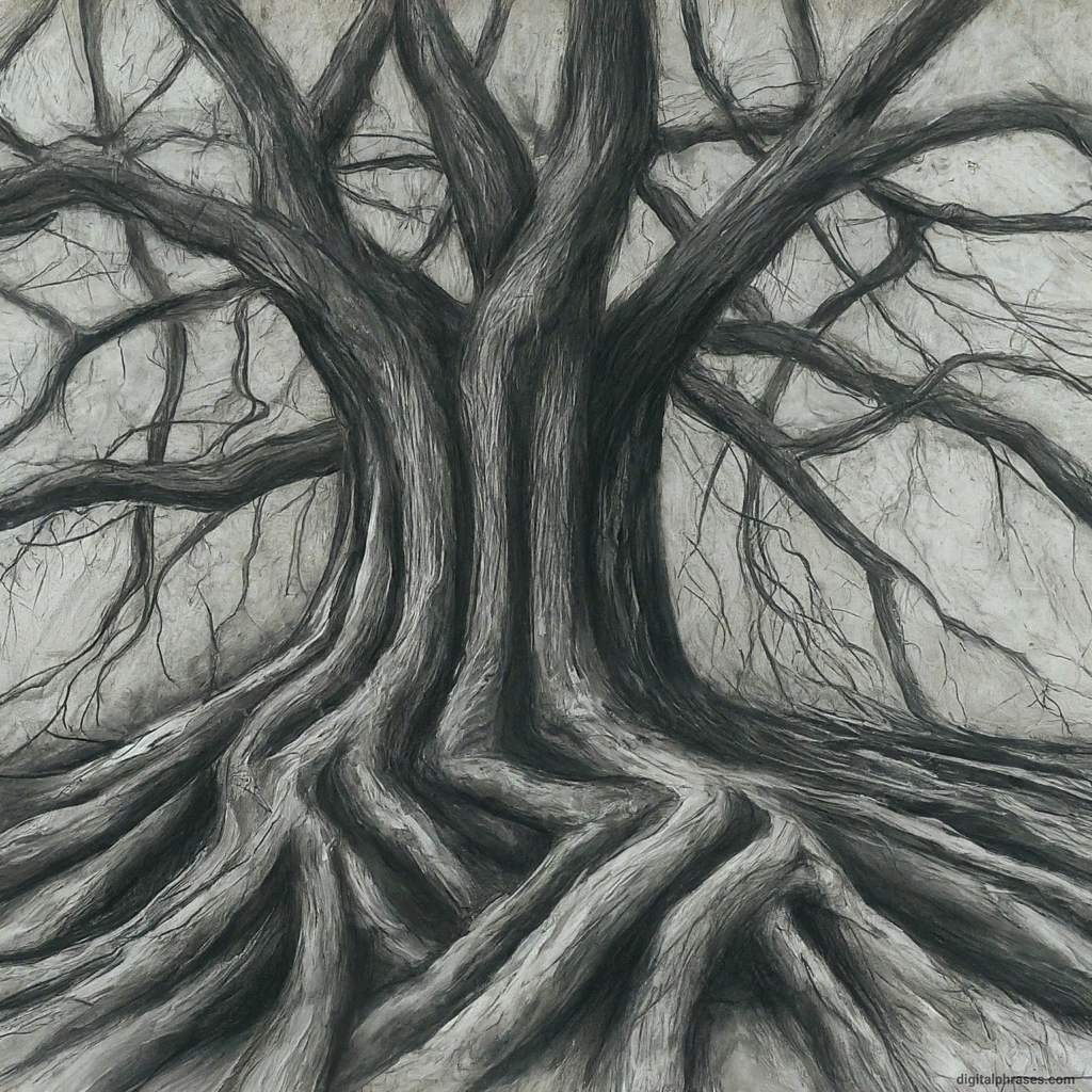 sketch of the intertwined roots of an old tree