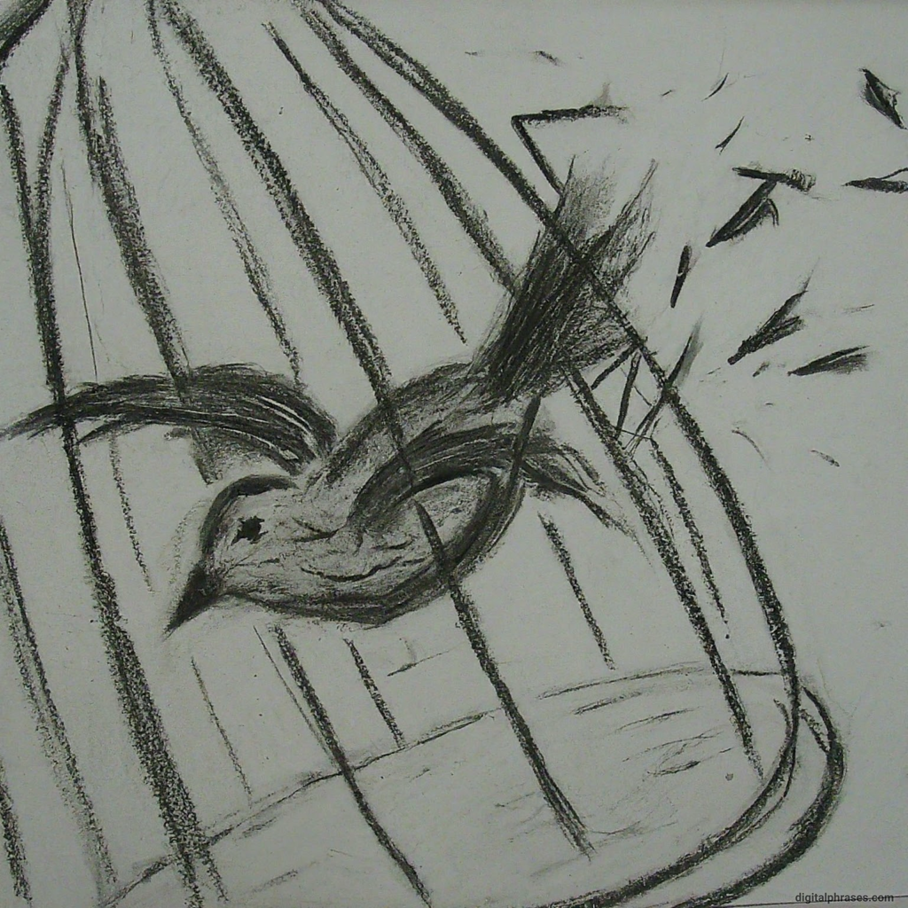 pencil sketch of a bird breaking free from a cage