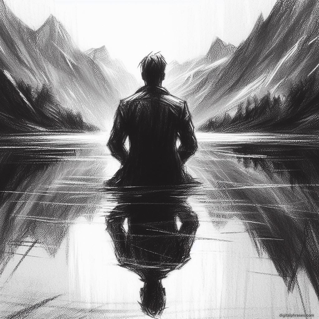 sketch of a person inside a lake with his reflection