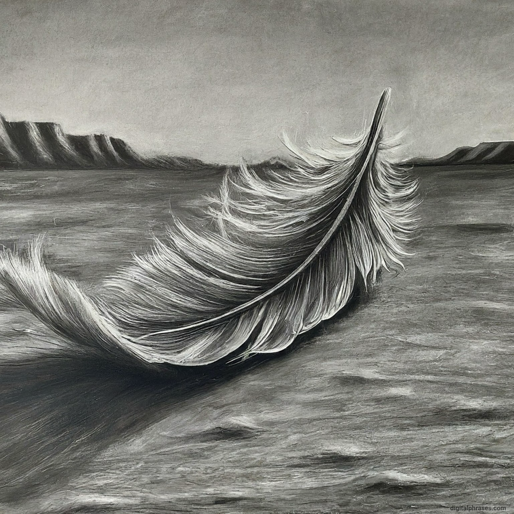 sketch of a single feather against a vast landscape