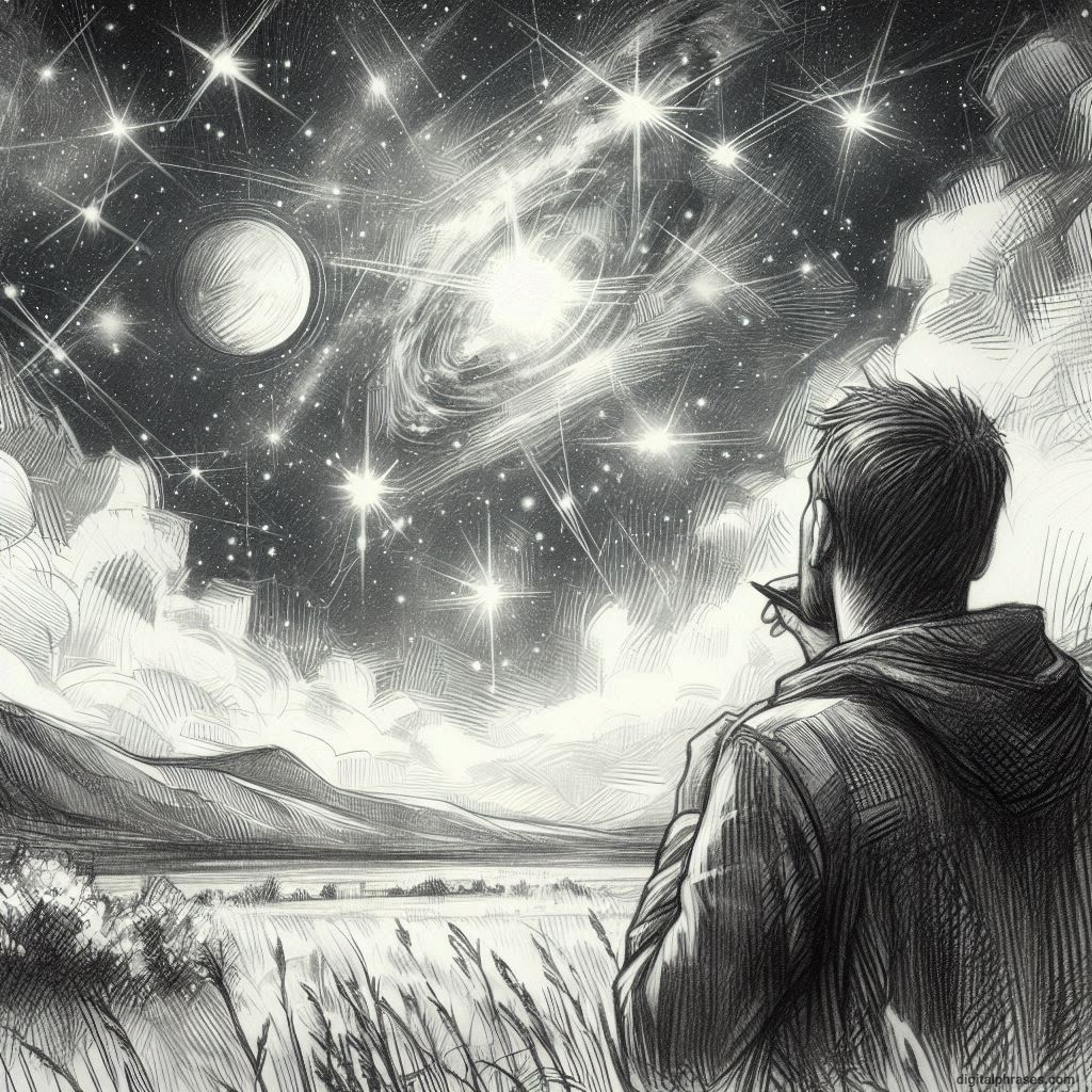 sketch of a man gazing at a starlit sky