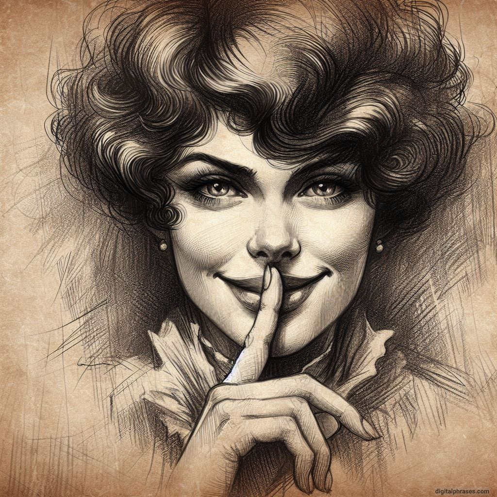a drawing of a woman with finger on her mouth