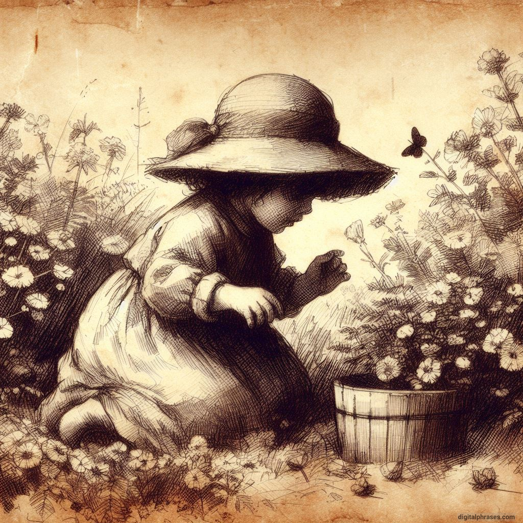 a child in a hat picking flowers