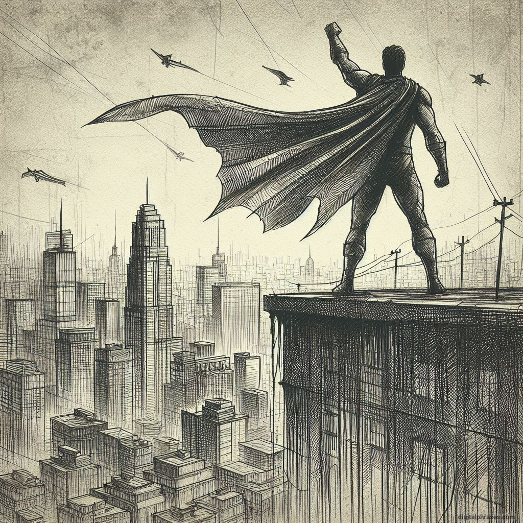 a drawing of a superhero standing on a building with a city in the background