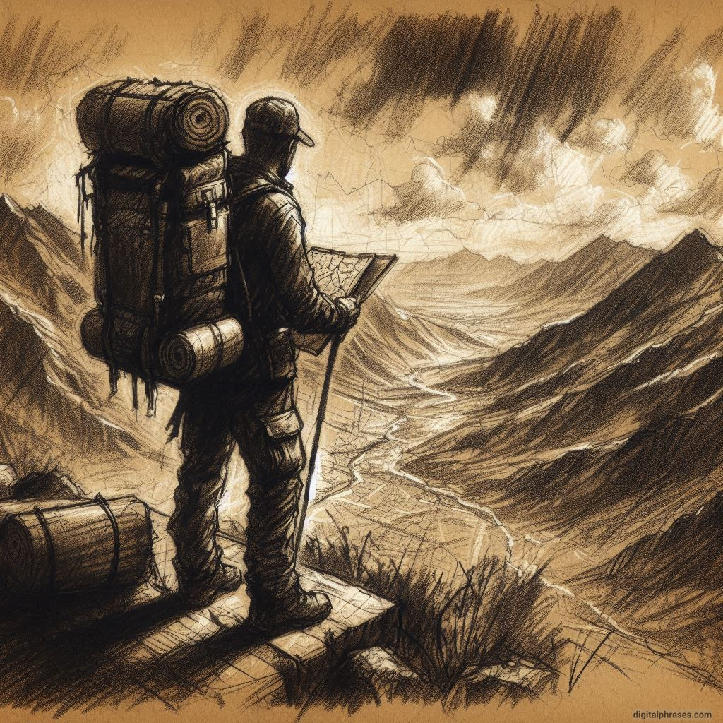 drawing of a man with a backpack in front of a mountain