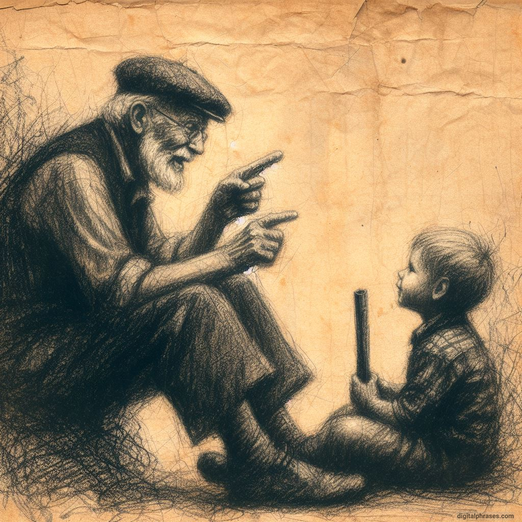 sketch of an old man telling something to a kid