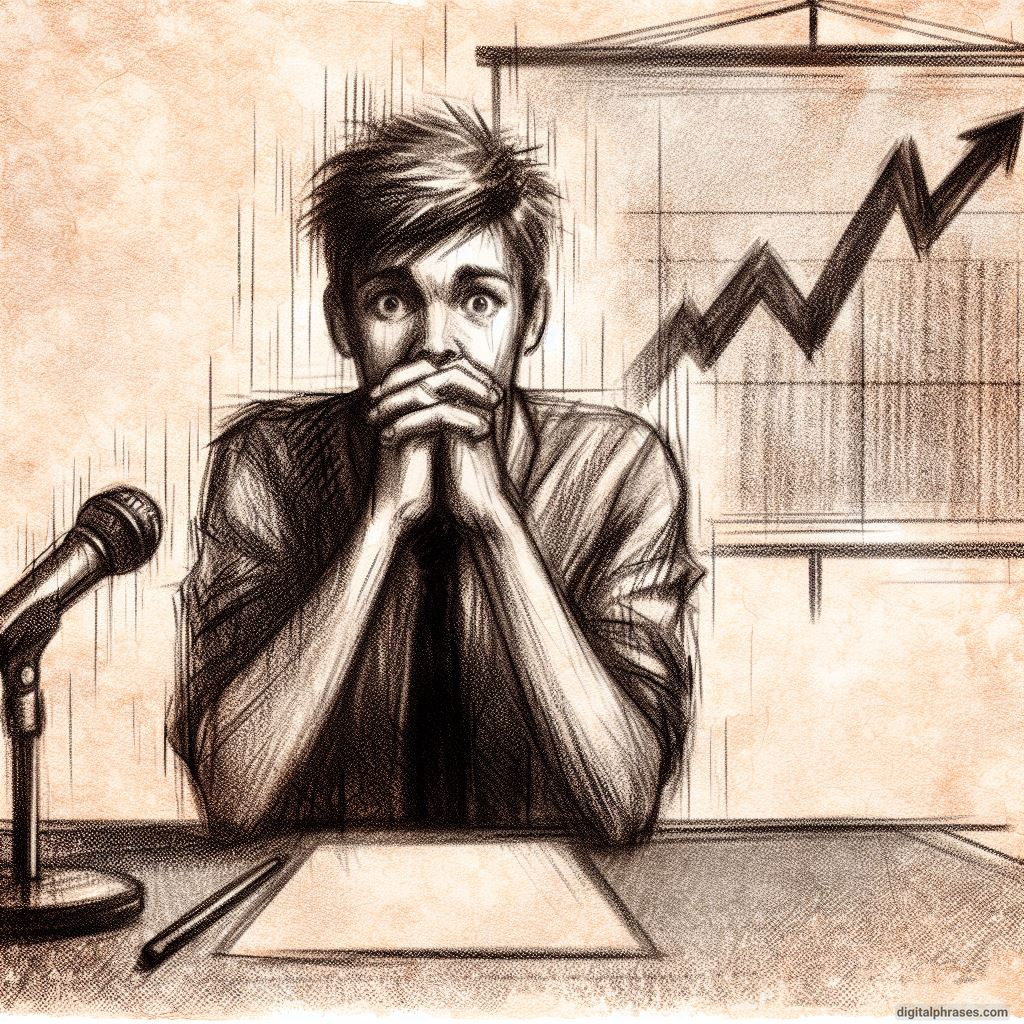 sketch of a nervous person with a timid gaze about to give a presentation 