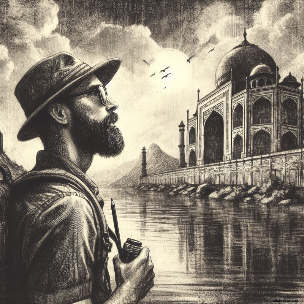 sketch of a person looking at a historical monument
