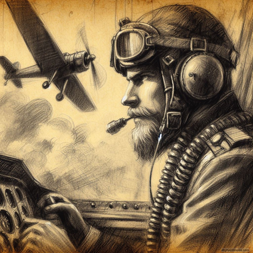 sketch of a pilot inside a cockpit with an aeroplane in the background