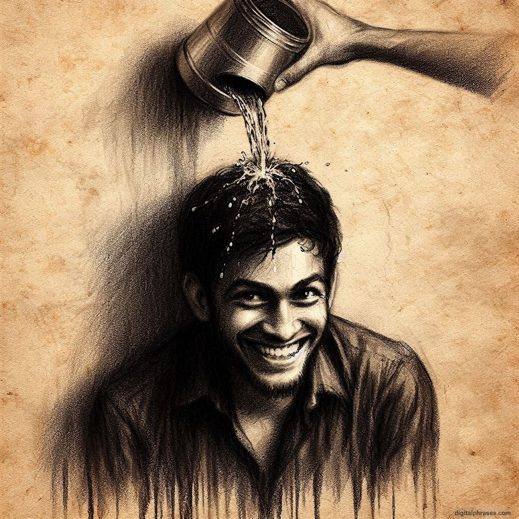 sketch of a person with a mischievous smile with water being poured on him 
