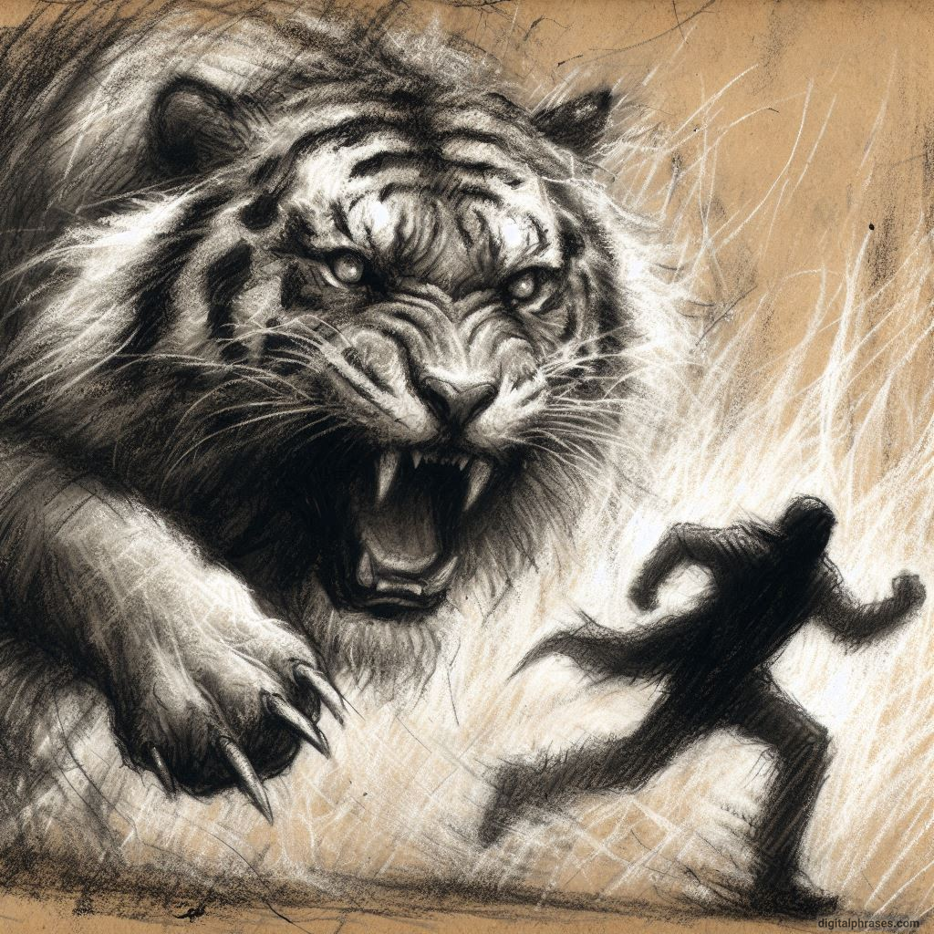sketch of a person being chased by a tiger