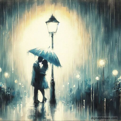 drawing of a couple about to kiss in the rain